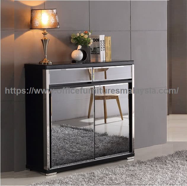 4 Tier Black Shoe Storage Cabinet With Glass Mirror office furniture malaysia Bandar Sunway Rawang Sungai Besi